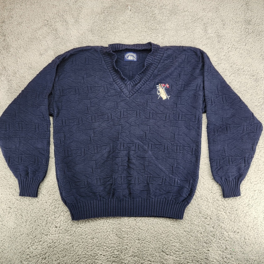 Vintage Boat House Row Chunky Knit V Neck Sweater Golf Embroidered Mens Sz L USA